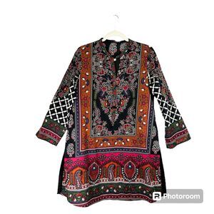 Tunic‎ Women’s Size Medium Festival Boho Hippie Retro Ethnic Floral 3/4 Sleeve